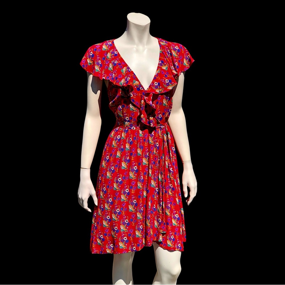 Red ANTHROPOLOGIE MAEVE Calico Floral Faux Wrap Sleeveless Mimi Dress 4